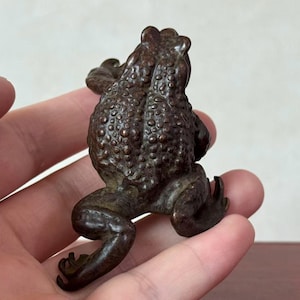 Könnte beinhalten: Eine kleine, dunkelbraune Krötenfigur aus Metall mit einem stark texturierten, noppigen Rücken und detaillierten Beinen. Die Skulptur ist in einer realistischen Pose gegossen und fängt die warzige Haut und anatomische Merkmale ein.
