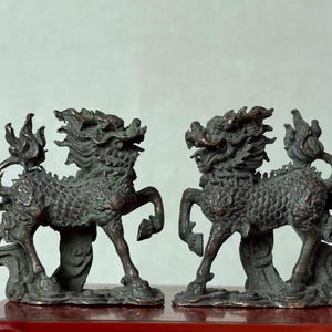 May include: A pair of dark bronze-colored mythical creature figurines, each featuring a textured, scaled body, a flowing mane, and a raised tail. The creatures are depicted in a standing pose with one front leg lifted, showcasing intricate details.