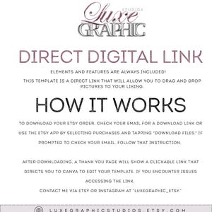 K&ouml;nnte beinhalten: Eine wei&szlig;e Grafik mit Text in Mauve und Schwarz. Der Text lautet "DIRECT DIGITAL LINK" und "HOW IT WORKS". Das Logo von Luxe Graphic Studios befindet sich oben. Anweisungen zum Herunterladen und Bearbeiten sind enthalten.