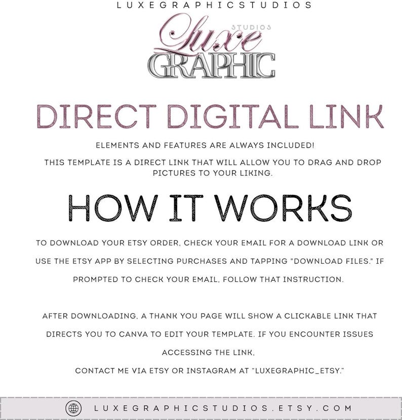 K&ouml;nnte beinhalten: Eine wei&szlig;e Grafik mit Text in Mauve und Schwarz. Der Text lautet "DIRECT DIGITAL LINK" und "HOW IT WORKS". Das Logo von Luxe Graphic Studios befindet sich oben. Anweisungen zum Herunterladen und Bearbeiten sind enthalten.