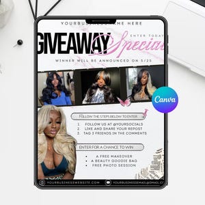 K&ouml;nnte beinhalten: Eine digitale Grafik, die ein Gewinnspiel bewirbt, mit dem Text "GIVEAWAY Special" in Rosa und Schwarz. Das Bild enth&auml;lt Fotos von Frauen mit Frisuren, Teilnahmebedingungen und Preise. Das Canva-Logo ist sichtbar.