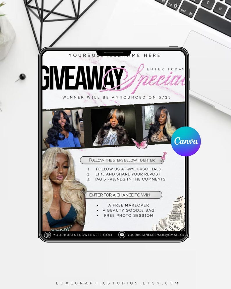 K&ouml;nnte beinhalten: Eine digitale Grafik, die ein Gewinnspiel bewirbt, mit dem Text "GIVEAWAY Special" in Rosa und Schwarz. Das Bild enth&auml;lt Fotos von Frauen mit Frisuren, Teilnahmebedingungen und Preise. Das Canva-Logo ist sichtbar.