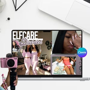 May include: A laptop displaying a video with the title "ELfCARE Diaries". A pink camera is held in front of the screen. The laptop screen shows images of two women in pink outfits and other video clips. The Canva logo is visible.