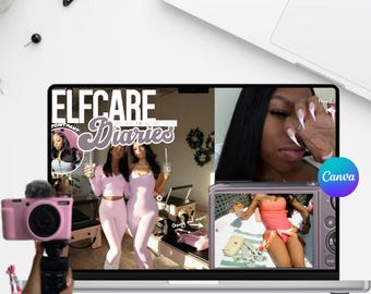 May include: A laptop screen showing a video titled "ELfCARE Diaries". A pink camera is held in front of the screen. The laptop displays images of two women in pink outfits and other video clips. The Canva logo is visible.
