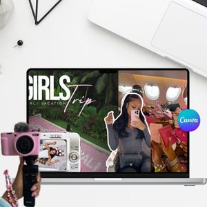 May include: A pink video camera with a microphone is held in front of a laptop displaying a travel vlog. The laptop screen shows the words "GIRLS Trip" and a woman taking a selfie. The Canva logo is visible.