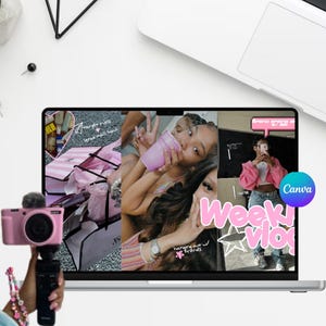 May include: A pink digital camera with a microphone is held in front of a laptop displaying a "Week Vlog" graphic. The laptop screen shows images of people and text. The background includes a white desk and a laptop.