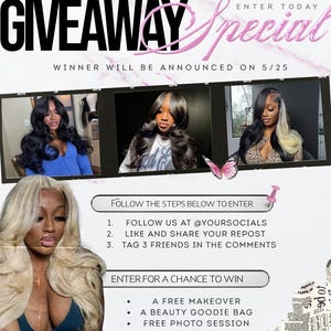 K&ouml;nnte beinhalten: Werbegrafik f&uuml;r ein Gewinnspiel. Der Text "GIVEAWAY Special" wird in gro&szlig;en, stilisierten Schriftarten angezeigt. Das Bild enth&auml;lt Fotos von Frauen mit gestylten Haaren, Anweisungen zur Teilnahme und Preise: ein kostenloses Makeover, eine Beauty-Goodie-Bag und ein Fotoshooting.