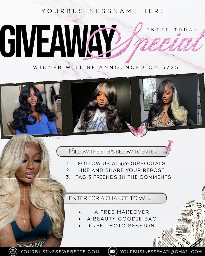 K&ouml;nnte beinhalten: Werbegrafik f&uuml;r ein Gewinnspiel. Der Text "GIVEAWAY Special" wird in gro&szlig;en, stilisierten Schriftarten angezeigt. Das Bild enth&auml;lt Fotos von Frauen mit gestylten Haaren, Anweisungen zur Teilnahme und Preise: ein kostenloses Makeover, eine Beauty-Goodie-Bag und ein Fotoshooting.