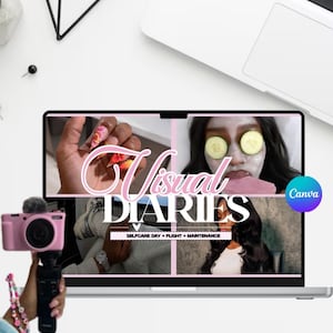 May include: A laptop displays a screen with the text "Visual Diaries" and images related to self-care. A pink camera with a microphone is held in front of the laptop. The Canva logo is visible. The Etsy shop URL is at the bottom.
