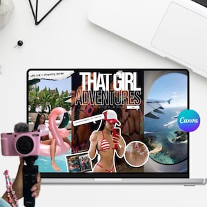 Puede incluir: Una cámara de video rosa con un micrófono se sostiene frente a una computadora portátil que muestra un gráfico con temática de viajes. El gráfico incluye el texto "THAT GIRL ADVENTURES" e imágenes de una piscina, un flotador de flamenco y una mujer en bikini.