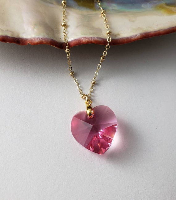 Deep Pink Swarovski Crystal Heart Charm Necklace Goldfill | Etsy Deep Pink Swarovski Crystal Heart Charm Necklace Goldfill | Etsy
