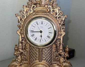 Brass Mantle Clock, Uranio W German 16 inch T Antiqued Brass Clock, Brass and Porcelain Vintage Quartz Ornate URANIO West Germany Clock