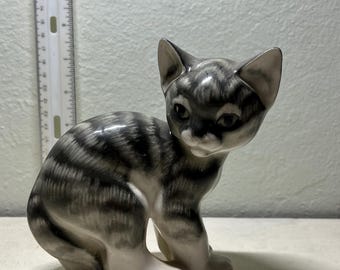 Vintage Lomonosov Porcelain Grey Striped Tabby Cat Kitten Figurine Medium Sized