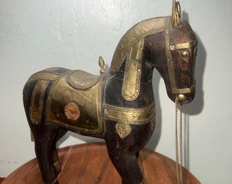 Beautiful Vintage Carved Wooden Horse With Copper Brass Accents
