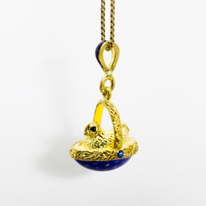 Miniature Collectible Egg Necklace Chicken in the Basket, Sterling Silver Gold Plated Blue Pendant, Retro Faberge Style