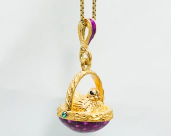 Miniature Easter Egg Necklace Chicken in the Basket, Sterling Silver Gold Plated Purple Pendant, Retro Faberge Style Gift for Her