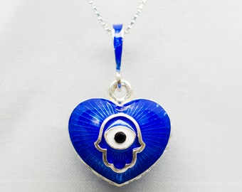Star of David and Hamsa on Blue Heart Jewish Necklace, Double-sided Pendant with Crystals, Judaica Jewelry Gift