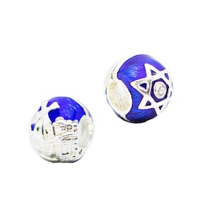 Jewish Charm Star of David and Jerusalem View, Large Hole Bead for European Bracelet, Sterling Silver Slide, Blue Spacer Bat Mitzvah Gift