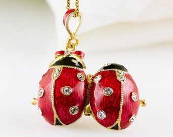 Red Black Ladybug Locket with Heart Surprise Pendant Ladybird, Sterling Silver 24K Gold Vermeil Egg Necklace Gift for Her