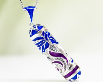 Judaica Mezuzah Necklace Mystic Flower with Stars of David, Sterling Silver Blue Purple Jewish Prayer Pendant