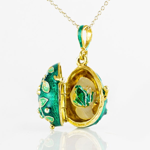 Frog Locket Necklace Egg Locket Leaves with Frog, Enamel Jewelry Green Pendant, Gold Vermeil Sterling Silver Gift For Her