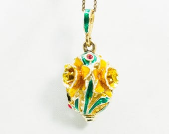 Anhänger Gelbe Narzissen Blumenstrauß, Emaille Schmuck Floral Ei Halskette, Vergoldete Sterling Silber Geschenk für Frauen, Bunte Schmuck Charme