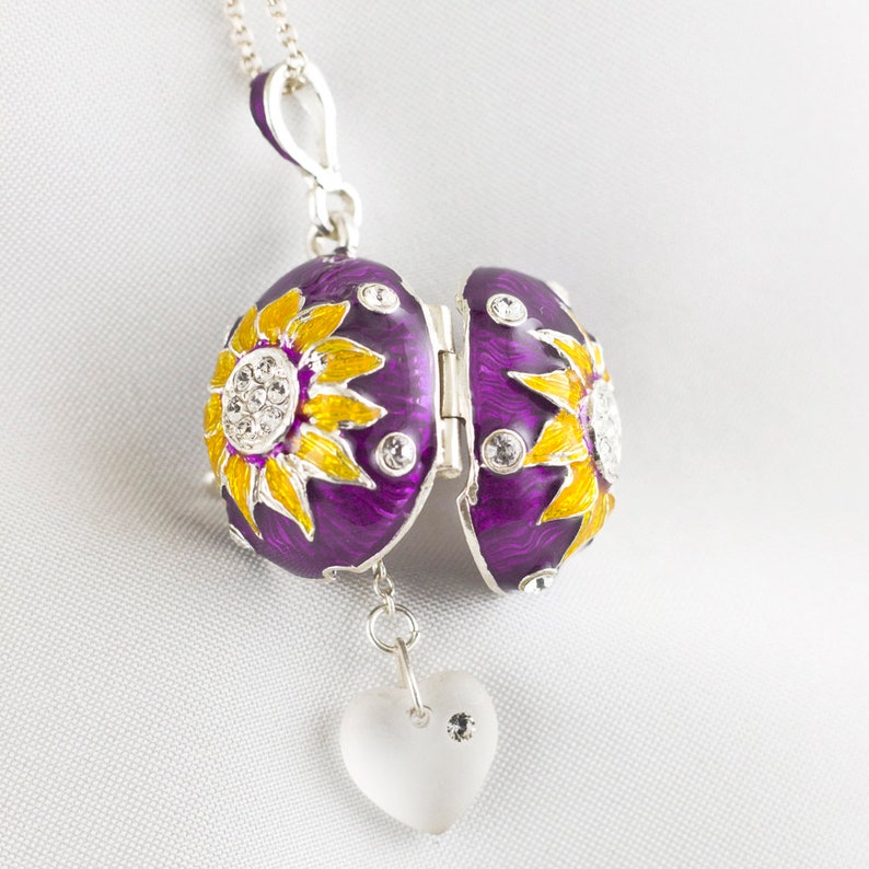 Sunflower Locket Jewelry Necklace w Heart Sunflower Sterling Silver Egg Pendant Green Gold Enamel Jewelry Mother Birthday Gift for Her