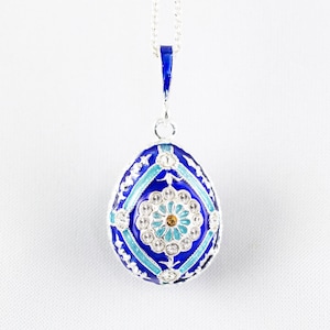 Blue Pendant Turquoise Stripes Enamel Jewelry Necklace Sterling Silver Enamel Egg Pendant Queen Daisy Floral Faberge Style Gift For Her