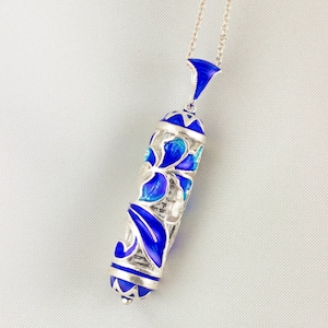 Jewelry Mezuzah Iris Pendant, Blue Flowers Judaica Pendant, Sterling Silver, Stars of David, Jewish Jewelry, Bat Mitzvah Hebrew Gift for Her
