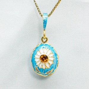 Daisy Pendant, Blue and White Enamel Faberge Egg Floral Necklace, Sterling Silver 24K Gold Vermeil, Jewelry Gift for Her