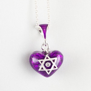Star of David on Purple Heart, Judaica Pendant Small Heart Charm, Star of David and Chai, Sterling Silver, Jewish Jewelry, Bat Mitzvah Gift
