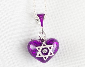 Star of David on Purple Heart, Judaica Pendant Small Heart Charm, Star of David and Chai, Sterling Silver, Jewish Jewelry, Bat Mitzvah Gift