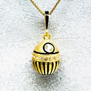 Miniature Collectible Egg Pendant with Austrian Crystals, Sterling Silver Gold Plated Black Enamel, Retro Faberge Style