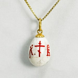 Orthodox Cross with XB Stone White Egg Necklace, 925 Sterling Silver Gold Plated Charm