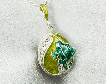 Pendant Miniature Green Frog on Olive Leaves, Enamel Egg Necklace,  Sterling Silver Animal Jewelry for Her