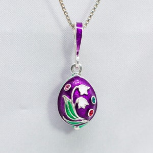 Lily of the Valley Charm Dainty Pendant, Sterling Silver Purple Enamel Egg Pendant Flower Necklace Minimalist Jewelry Rare Pendant for Women
