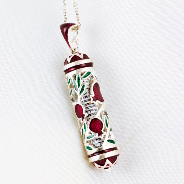 Pomegranate Jewelry Mezuzah Necklace, Jewish Pendant, Judaica Necklace, Jewish Jewelry Burgundy Kabbalah Pendant Sterling Silver Jewish Gift