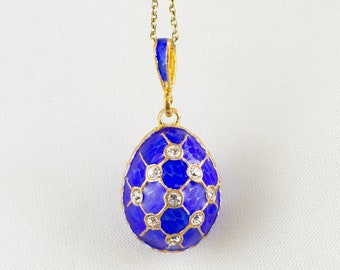 Blue Egg Pendant Net, Sterling Silver 24 K Gold Vermeil Charm Necklace with Crystals, Art Nouveau Gift for Her