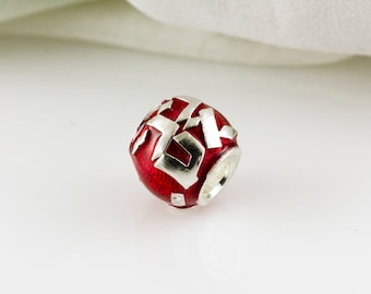 Love Red Bead, Ahavah Judaica Jewelry Charm, Slide for Bracelet, Sterling Silver Bead, Large Hole Bead, Enamel Jewelry, Jewish Gift  For Her