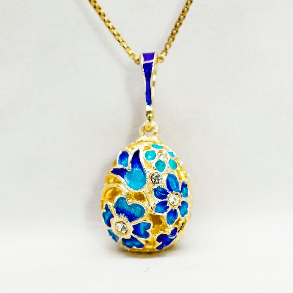 Flower Necklace, Blue Enamel Reticulated Floral Egg Pendant, Sterling Silver, Gold Vermeil, Faberge Style Easter Jewelry Gift