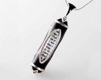 Mezuzah Black Pendant with Hebrew Scroll, Sterling Silver Jewish Jewelry Charm, Judaica Pendant Oval Windows Religious Necklace for Him Her