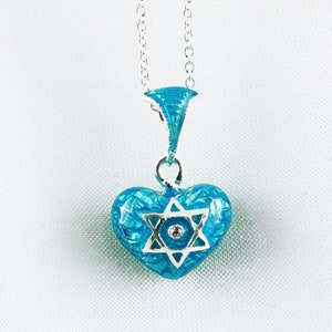 Star of David on Heart Pendant Jewish Star and Chai Sterling Silver Light Blue Magen David Necklace, Jewish Jewelry Bat Mitzvah Gift
