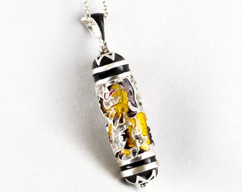 Lion of Judah Mezuzah Pendant Sterling Silver Necklace Black and Gold Enamel Jewish Jewelry for Him Her Hebrew Necklace Bar Bat Mitzvah Gift