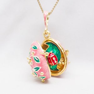 Pink Locket with Ladybug Surprise, Enameled Pendant, Sterling Silver 24 K Gold Vermeil Art Nouveau Jewelry Egg Necklace