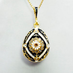 Festive Black Egg Necklace with White Stripes Sterling Silver Gold Vermeil Pendant with Crystals