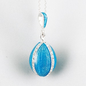 Sky Blue Egg Pendant, Sterling Silver, Guilloche Enamel Jewelry Egg Necklace, Crystals, Traditional Jewelry for Her, Gift for Mom