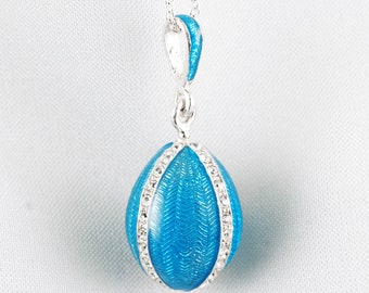 Sky Blue Egg Pendant, Sterling Silver, Guilloche Enamel Jewelry Egg Necklace, Crystals, Traditional Jewelry For Her, Gift for Mom