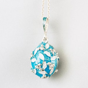 Sky-Blue Egg Necklace, 925 Sterling Silver Jewelry, Delicate White Leaf 3D Pendant with Crystals Jewelry  for Her
