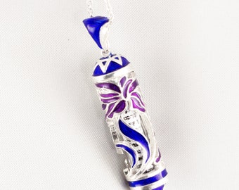 Mezuzah Necklace, Shemah Scroll Silver Judaica Jewelry Pendant, Bat Mitzvah Jewish Gift, Purple Blue Flower, Enamel Hebrew Pendant for Her