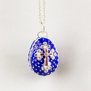 Cross Enameled Egg Pendant with Moravian Star, Blue Enamel Jewelry Silver Necklace,  Gift For Women